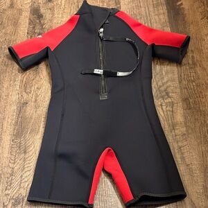 Kids Dark Lightning Black and Red Swim Wetsuit Shorty